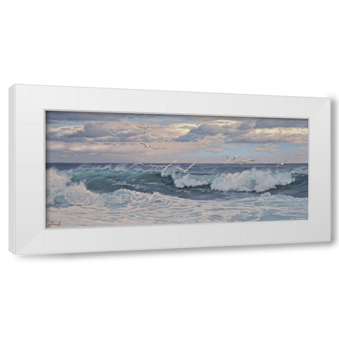 Seagulls over the Waives White Modern Wood Framed Art Print by Adamov, Alexey
