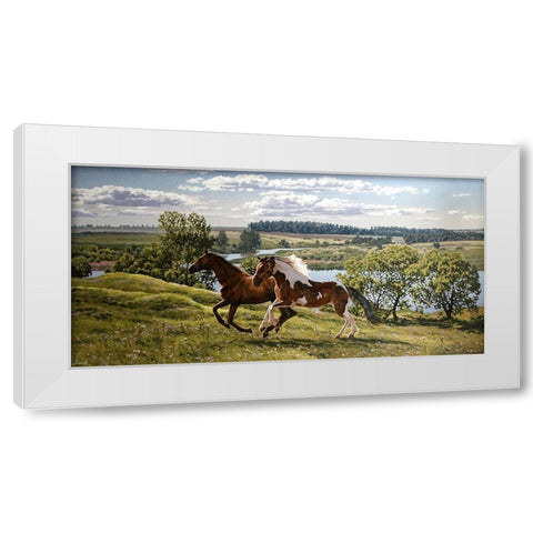 Horses by River Volga White Modern Wood Framed Art Print by Adamov, Alexey