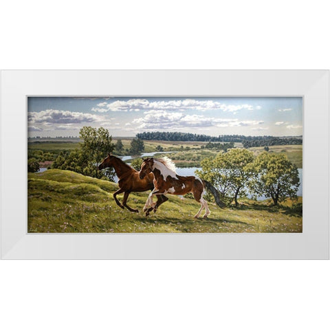 Horses by River Volga White Modern Wood Framed Art Print by Adamov, Alexey