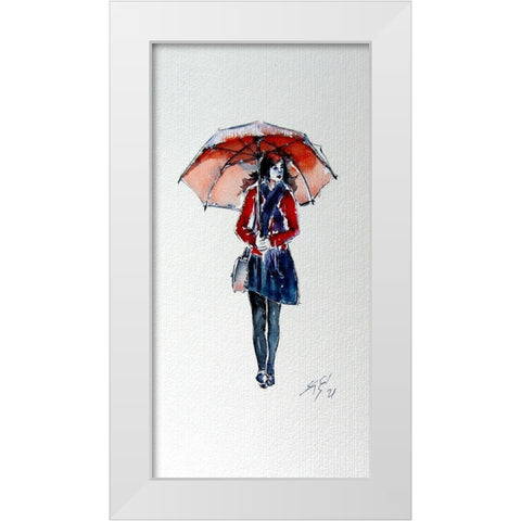 Walking Girl with Umbrella White Modern Wood Framed Art Print by Kovacs, Anna Brigite
