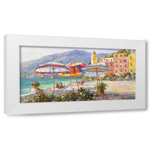 Umbrellas by the Sea White Modern Wood Framed Art Print by Obuchovsky, Yury