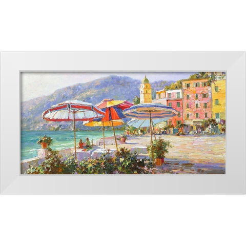Umbrellas by the Sea White Modern Wood Framed Art Print by Obuchovsky, Yury