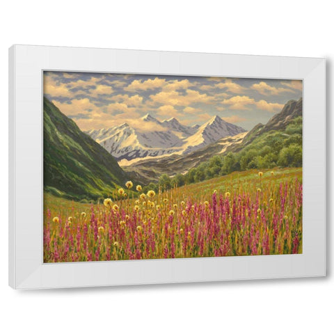 Lupins in the Mountains White Modern Wood Framed Art Print by Adamov, Alexey