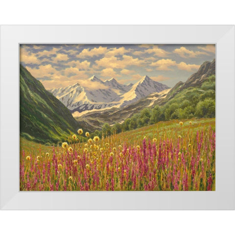 Lupins in the Mountains White Modern Wood Framed Art Print by Adamov, Alexey