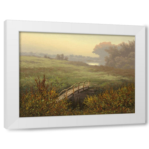 Old Wood Bridge over Stream White Modern Wood Framed Art Print by Adamov, Alexey