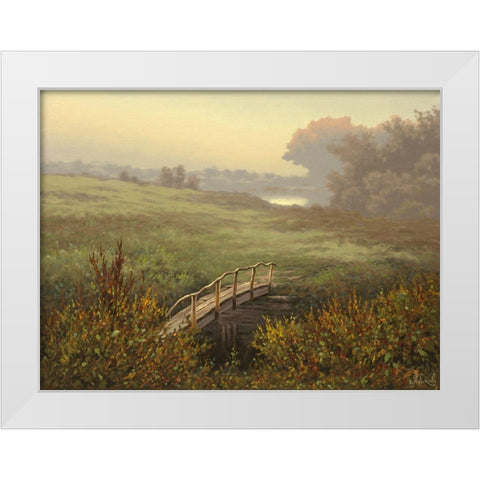 Old Wood Bridge over Stream White Modern Wood Framed Art Print by Adamov, Alexey