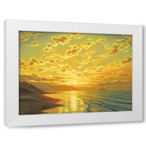 Sunset over the Mountains by the Sea White Modern Wood Framed Art Print by Adamov, Alexey