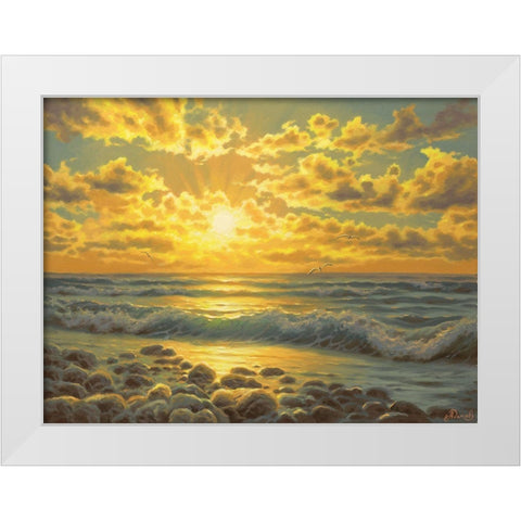 Sunset over the  Sea with Seagulls White Modern Wood Framed Art Print by Adamov, Alexey