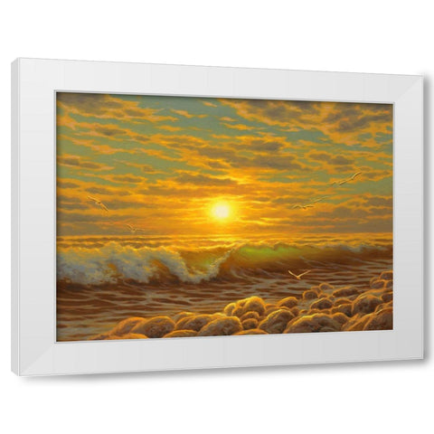 Sunset over the  Sea with Seagulls II White Modern Wood Framed Art Print by Adamov, Alexey