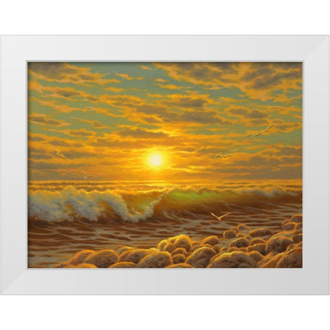 Sunset over the  Sea with Seagulls II White Modern Wood Framed Art Print by Adamov, Alexey