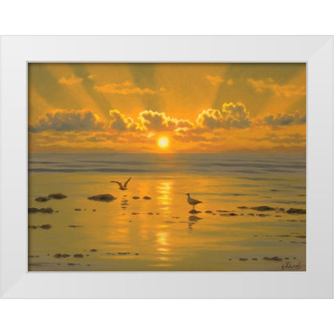 Sunset over the  Sea with Seagulls III White Modern Wood Framed Art Print by Adamov, Alexey