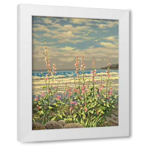 Pink Flowers by the Sea White Modern Wood Framed Art Print by Adamov, Alexey