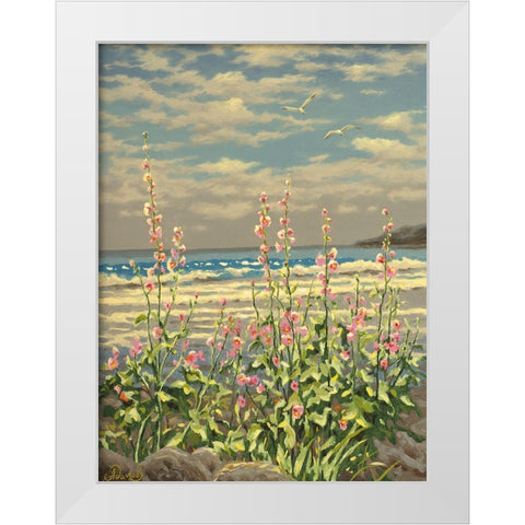 Pink Flowers by the Sea White Modern Wood Framed Art Print by Adamov, Alexey