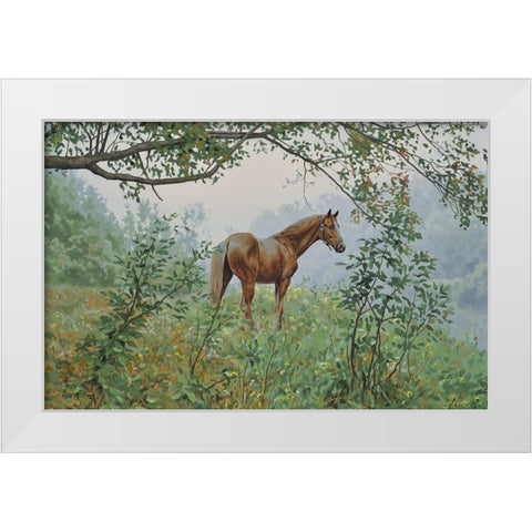 Landscape with a Horse White Modern Wood Framed Art Print by Adamov, Alexey