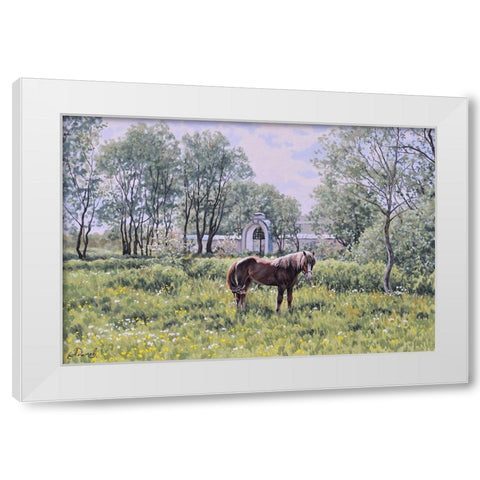 Village with a Horse White Modern Wood Framed Art Print by Adamov, Alexey