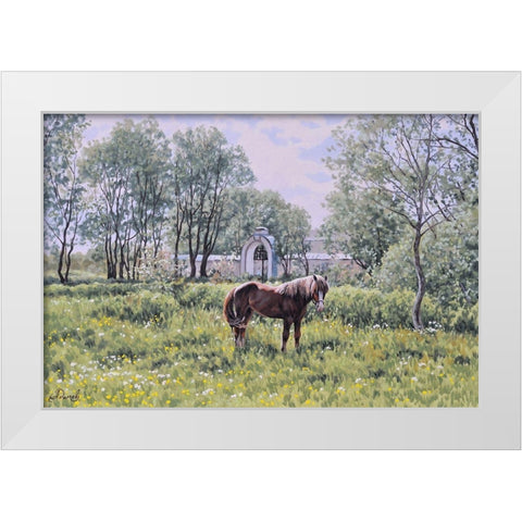 Village with a Horse White Modern Wood Framed Art Print by Adamov, Alexey