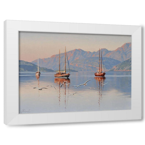 Yacht and Seagulls White Modern Wood Framed Art Print by Adamov, Alexey