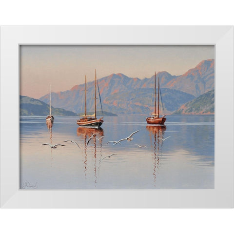 Yacht and Seagulls White Modern Wood Framed Art Print by Adamov, Alexey