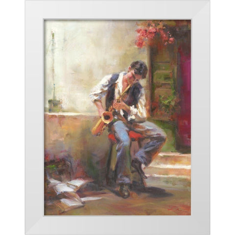 A Boy with Trumpet White Modern Wood Framed Art Print by Noches, Fernando