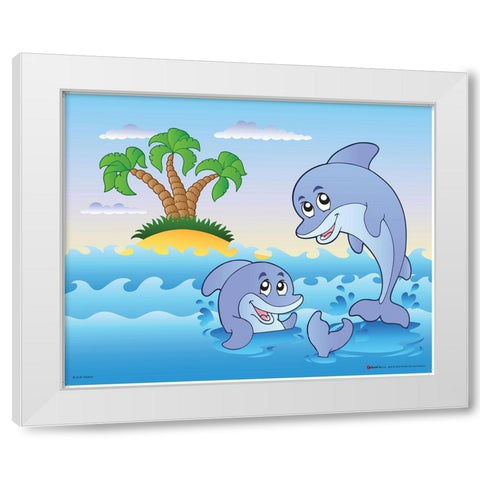 Happy Dolphins White Modern Wood Framed Art Print by Viskova, Klara