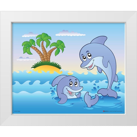 Happy Dolphins White Modern Wood Framed Art Print by Viskova, Klara