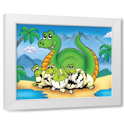 Lucky Dinosaur with Babes White Modern Wood Framed Art Print by Viskova, Klara