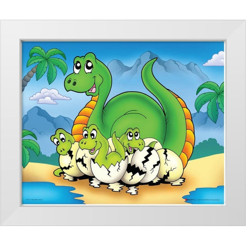 Lucky Dinosaur with Babes White Modern Wood Framed Art Print by Viskova, Klara