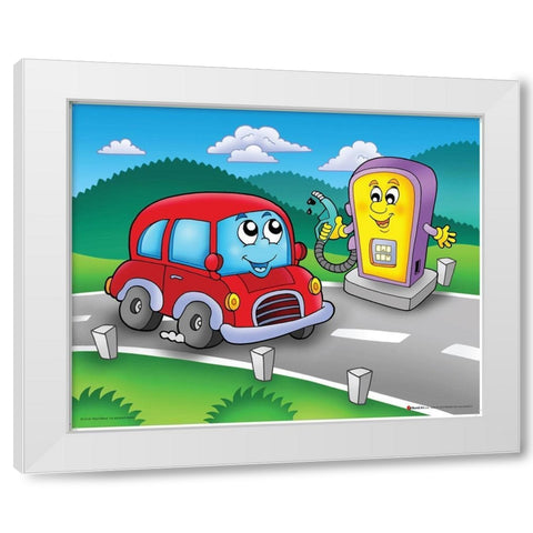 Red Car with Smiling Petrol Station White Modern Wood Framed Art Print by Viskova, Klara