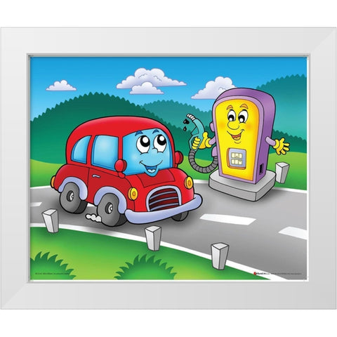 Red Car with Smiling Petrol Station White Modern Wood Framed Art Print by Viskova, Klara