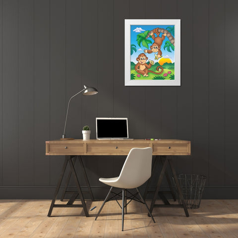 Happy Monkies White Modern Wood Framed Art Print by Viskova, Klara