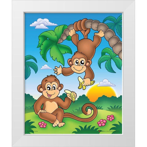 Happy Monkies White Modern Wood Framed Art Print by Viskova, Klara
