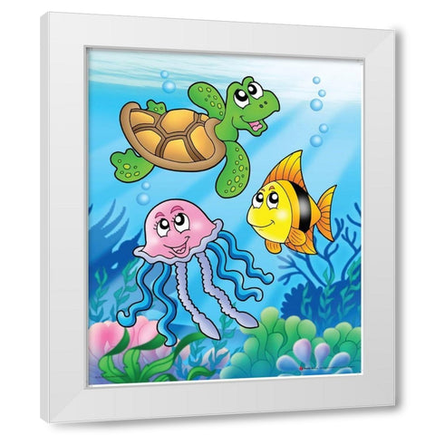 Happy Sea Animals White Modern Wood Framed Art Print by Viskova, Klara