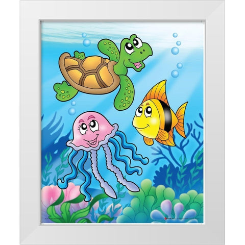 Happy Sea Animals White Modern Wood Framed Art Print by Viskova, Klara