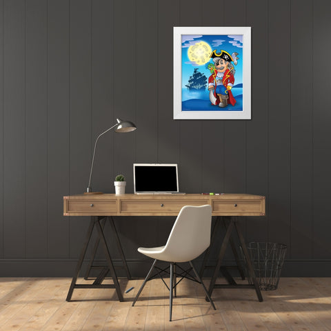 Pirate with Big Moon White Modern Wood Framed Art Print by Viskova, Klara