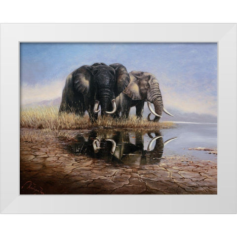 Two Elephants White Modern Wood Framed Art Print by Skorepa, Jan