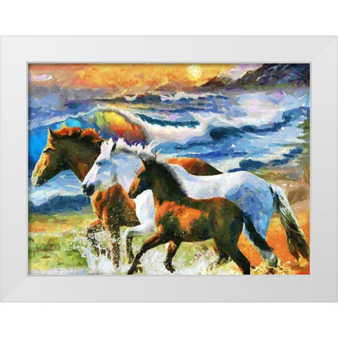 Three Horses by the Sea White Modern Wood Framed Art Print by Medeiros, Celito