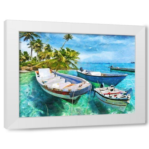 Boats in Caribic White Modern Wood Framed Art Print by Medeiros, Celito