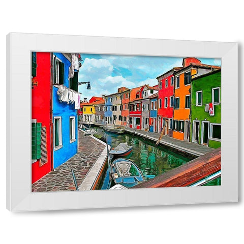 Boats with colorful Houses I White Modern Wood Framed Art Print by Medeiros, Celito