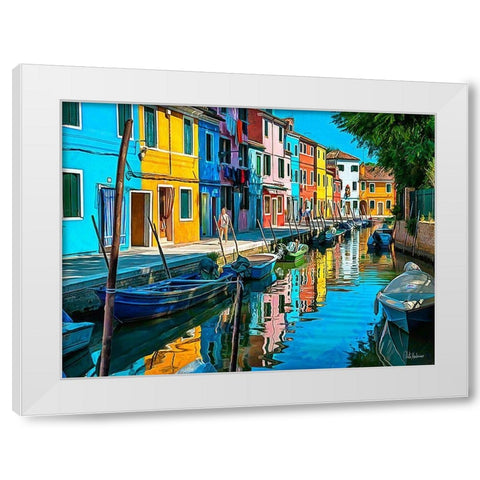 Boats with colorful Houses II White Modern Wood Framed Art Print by Medeiros, Celito