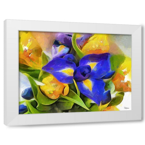Yellow and Blue Flowers White Modern Wood Framed Art Print by Medeiros, Celito