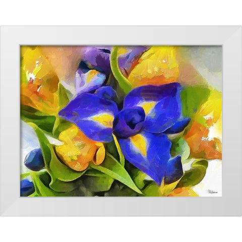 Yellow and Blue Flowers White Modern Wood Framed Art Print by Medeiros, Celito