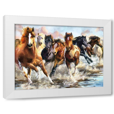 Horses Running in Water White Modern Wood Framed Art Print by Medeiros, Celito