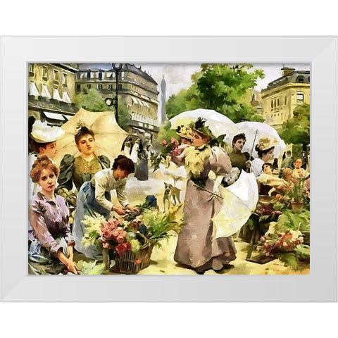 Flower Market a Houndred Years Ago White Modern Wood Framed Art Print by Medeiros, Celito