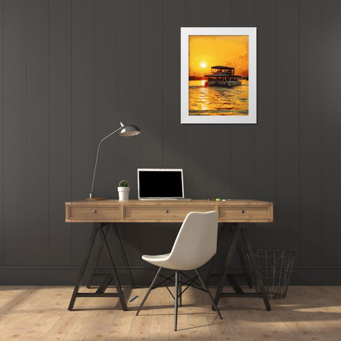 Sunset above the River with Boat White Modern Wood Framed Art Print by Medeiros, Celito