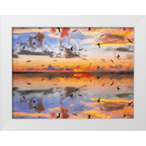 Sunset with Seagulls White Modern Wood Framed Art Print by Medeiros, Celito