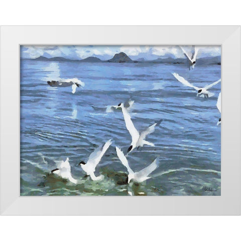 Seagulls White Modern Wood Framed Art Print by Medeiros, Celito