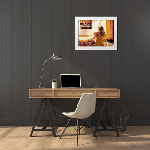 Blond Girl Sitting on the Bed White Modern Wood Framed Art Print by Medeiros, Celito