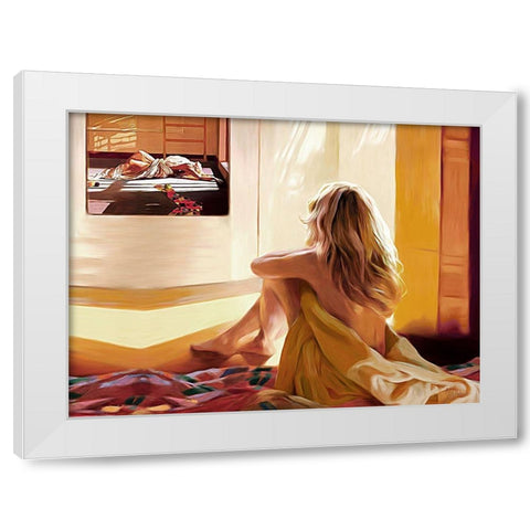 Blond Girl Sitting on the Bed White Modern Wood Framed Art Print by Medeiros, Celito