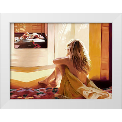 Blond Girl Sitting on the Bed White Modern Wood Framed Art Print by Medeiros, Celito