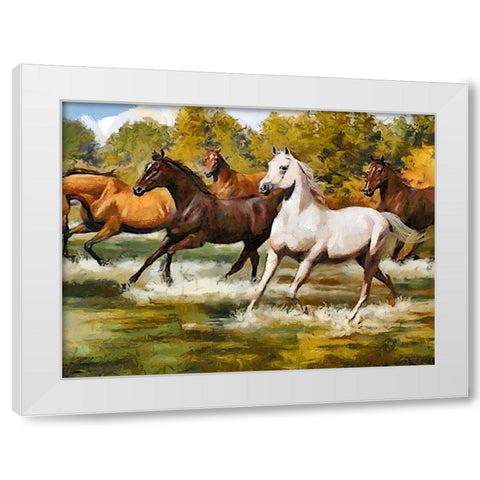 Running Horses in Water White Modern Wood Framed Art Print by Medeiros, Celito